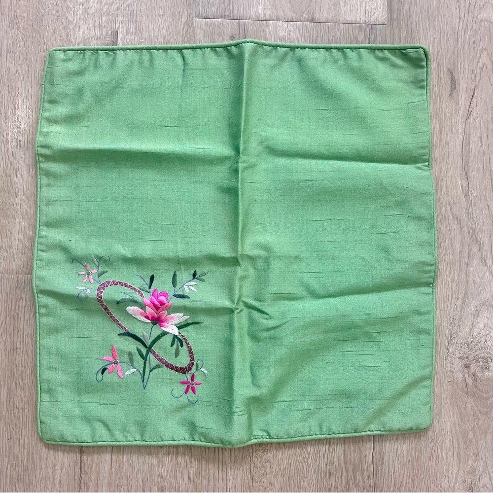 Vintage Chinese Green Silk Hand‎ Embroidered Flowers Pillow Sham Cover 15”